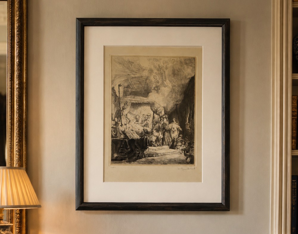 Monochrome etching depicting the death of the Virgin Mary surrounded by figures and angels near a canopy bed. View II