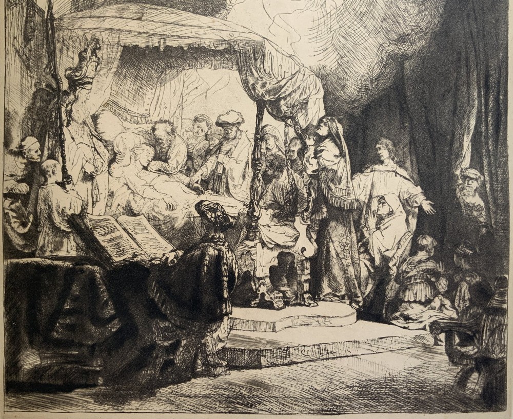 Monochrome etching depicting the death of the Virgin Mary surrounded by figures and angels near a canopy bed. View VI