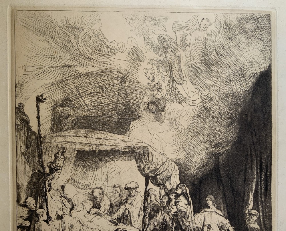 Monochrome etching depicting the death of the Virgin Mary surrounded by figures and angels near a canopy bed. View VII