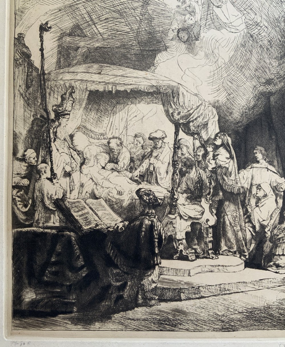 Monochrome etching depicting the death of the Virgin Mary surrounded by figures and angels near a canopy bed. View VIII