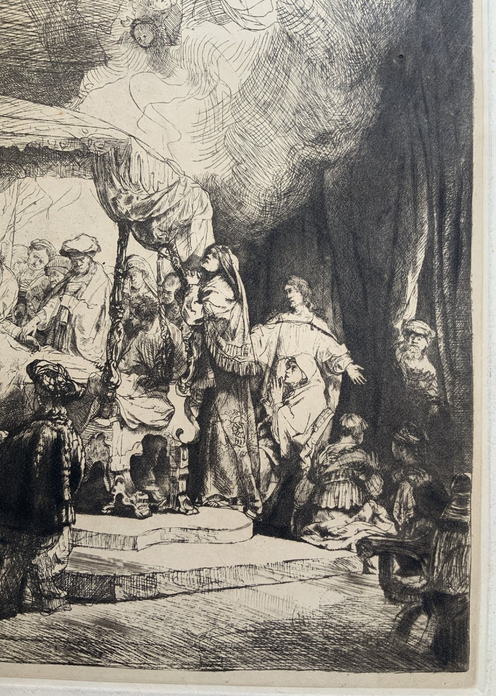 Monochrome etching depicting the death of the Virgin Mary surrounded by figures and angels near a canopy bed. View IX