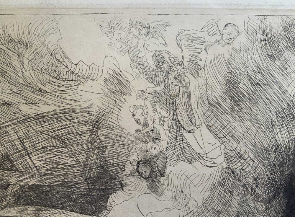 Monochrome etching depicting the death of the Virgin Mary surrounded by figures and angels near a canopy bed. View X