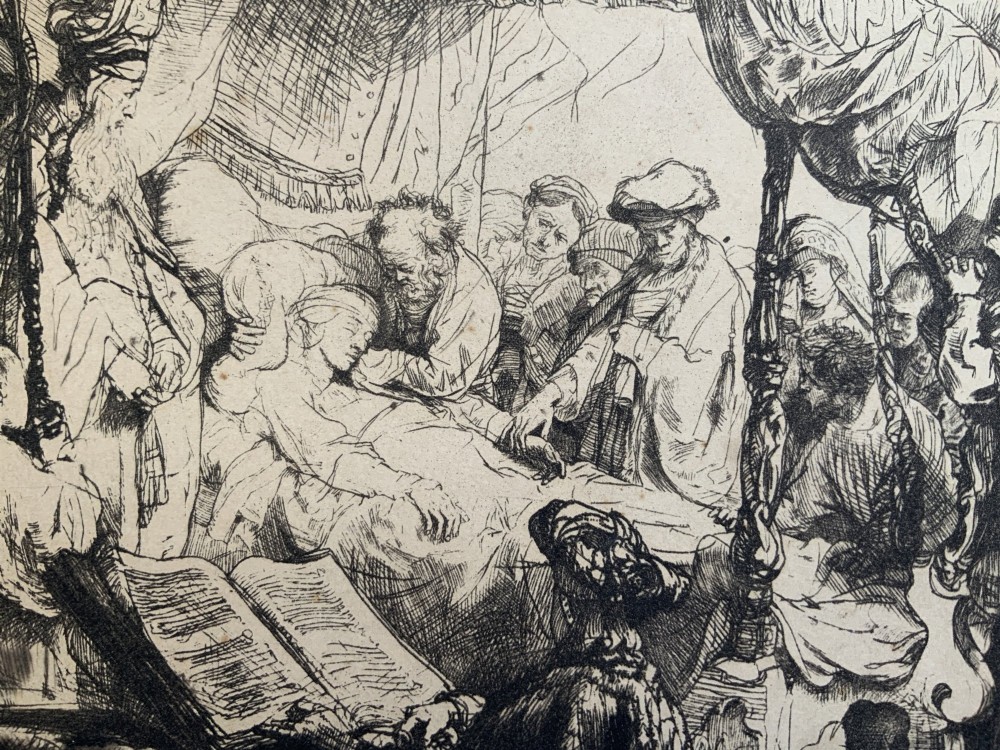 Monochrome etching depicting the death of the Virgin Mary surrounded by figures and angels near a canopy bed. View XI