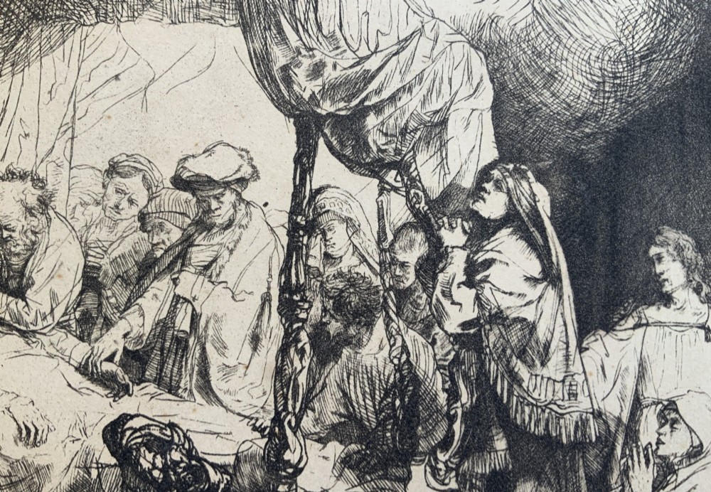 Monochrome etching depicting the death of the Virgin Mary surrounded by figures and angels near a canopy bed. View XII