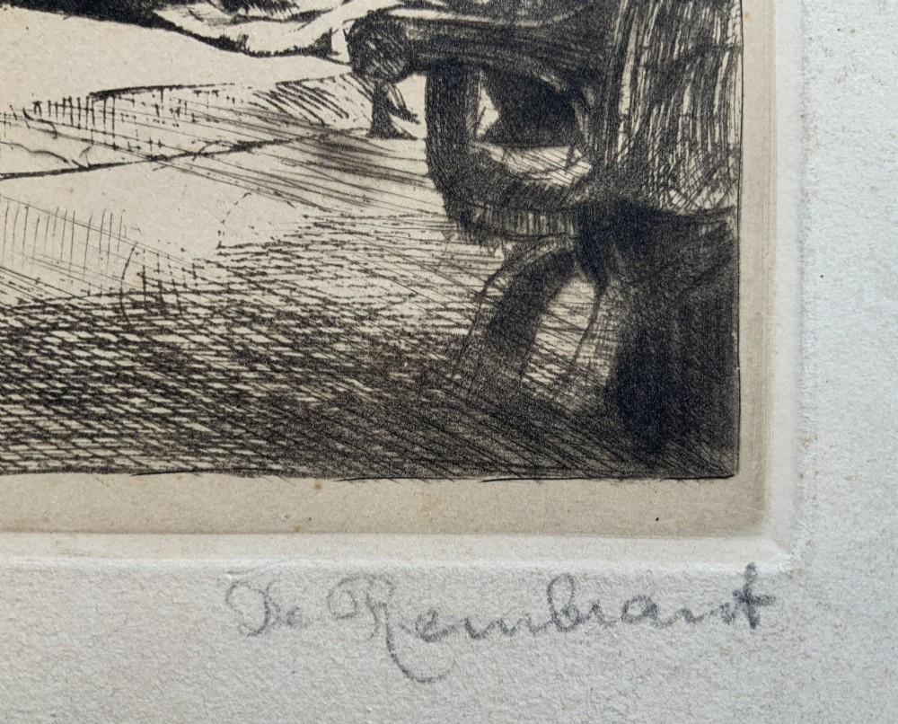 Monochrome etching depicting the death of the Virgin Mary surrounded by figures and angels near a canopy bed. View XIII