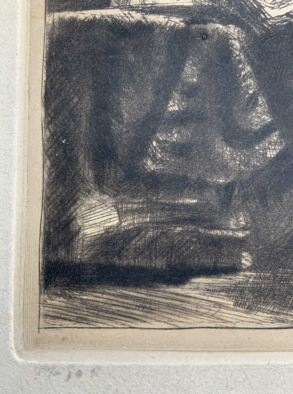 Monochrome etching depicting the death of the Virgin Mary surrounded by figures and angels near a canopy bed. View XIV