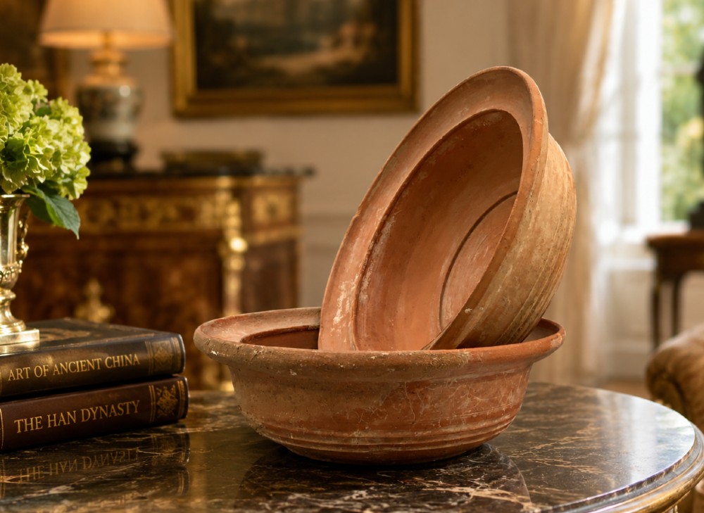 A pair of circular Han Dynasty red terracotta pottery basins featuring broad everted rims and horizontal exterior grooves. View II