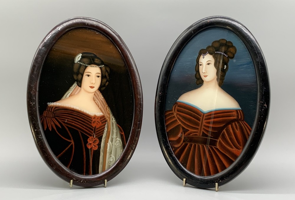 Rare Pair Japanese Miniature Portrait Paintings Meiji Period Rosewood Frames