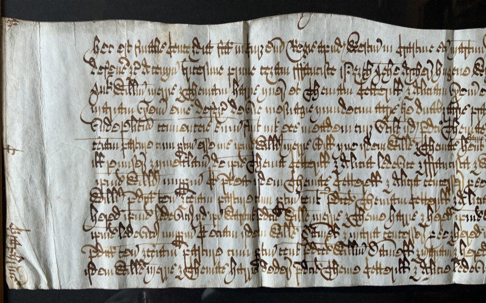 A framed 17th-century handwritten vellum document featuring brown ink calligraphic script presented in an ornate dark wood frame. View IV