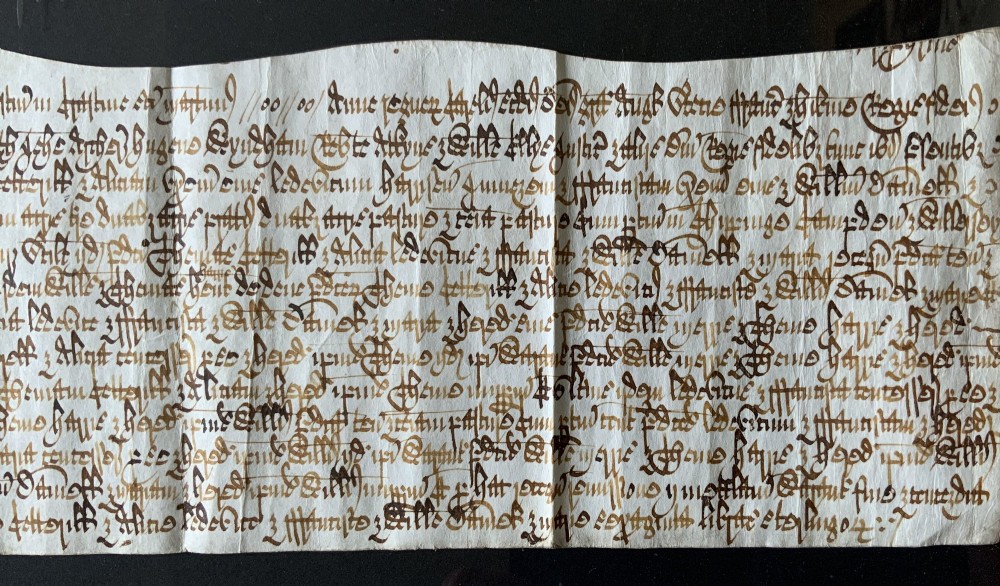 A framed 17th-century handwritten vellum document featuring brown ink calligraphic script presented in an ornate dark wood frame. View VI