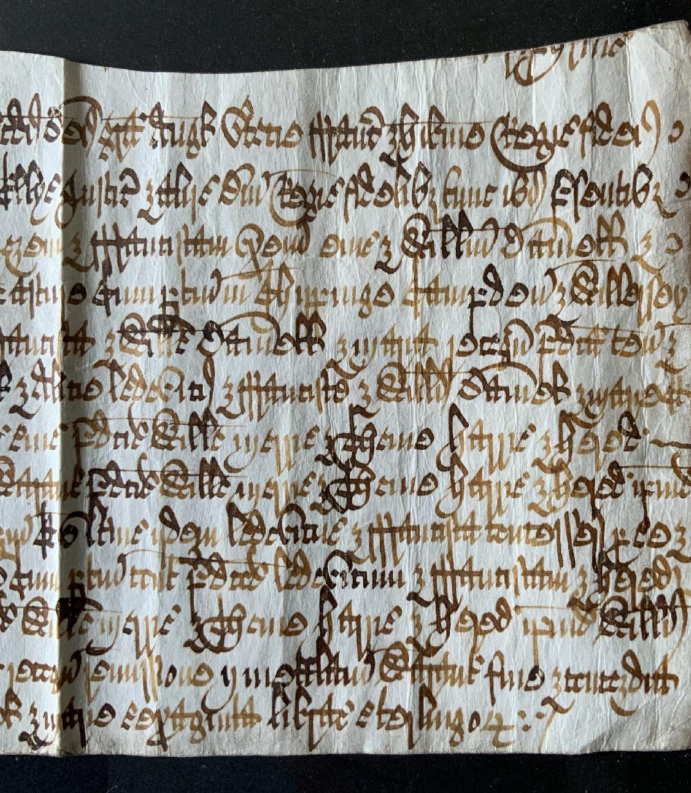 A framed 17th-century handwritten vellum document featuring brown ink calligraphic script presented in an ornate dark wood frame. View XII