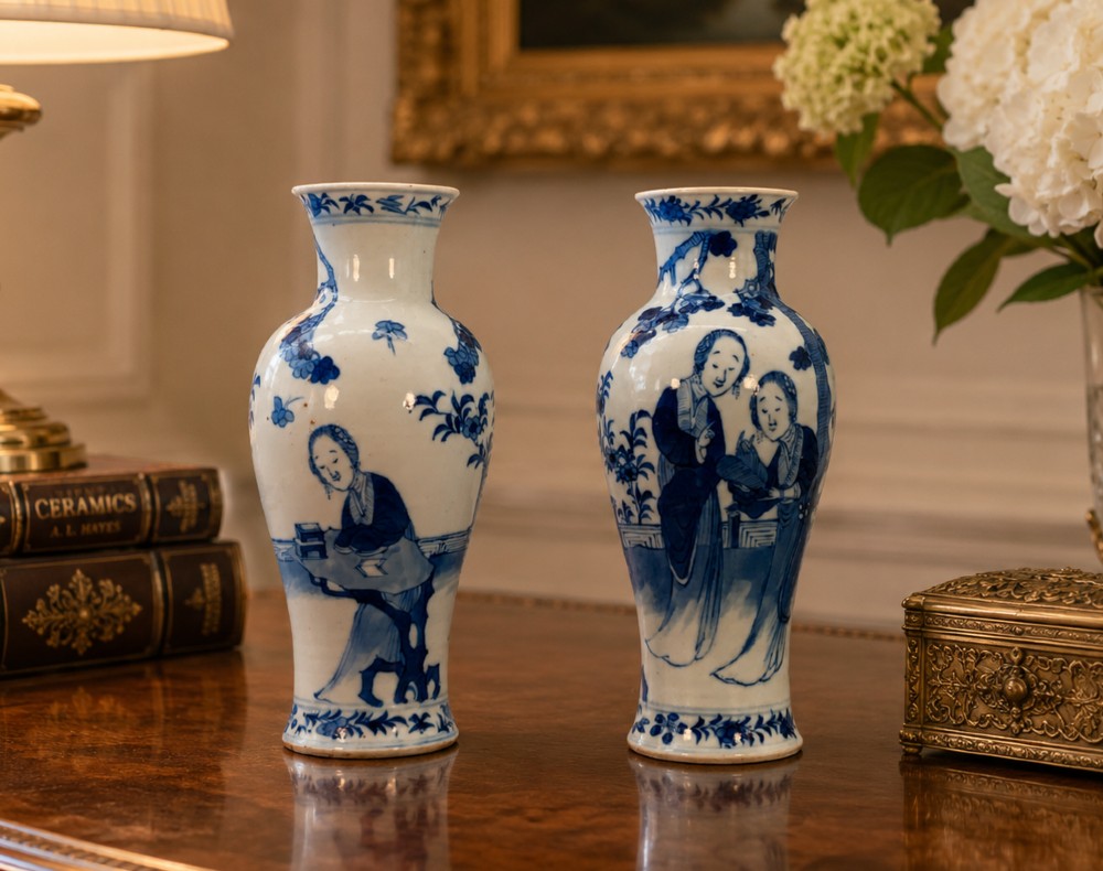 A pair of flared Chinese blue and white porcelain vases hand painted with figural court ladies amidst floral motifs. View II