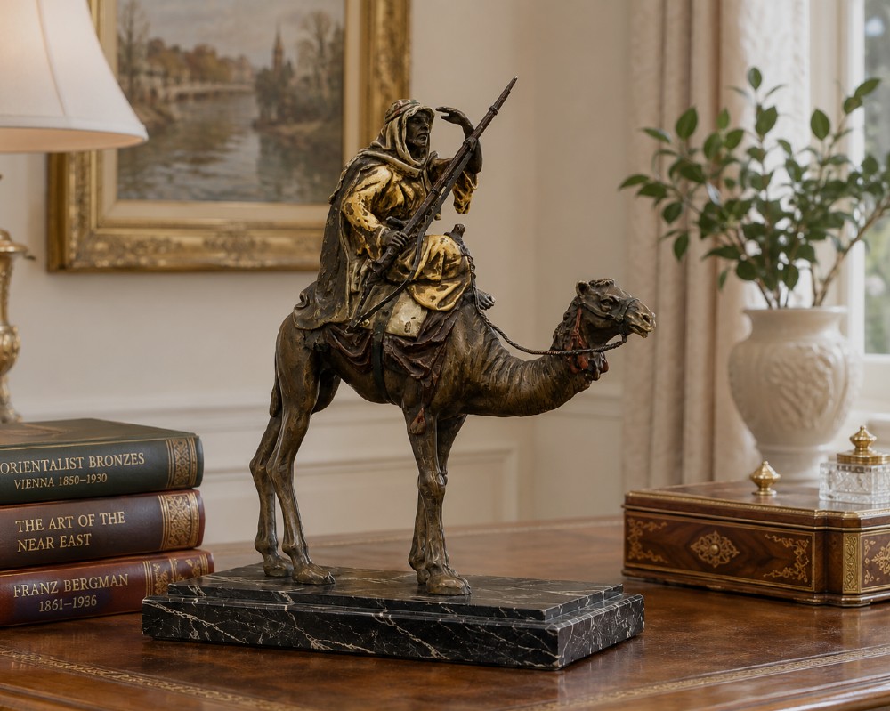 An Austrian cold-painted bronze sculpture depicting a turbaned Arab rider holding a rifle while seated atop a standing camel. View II
