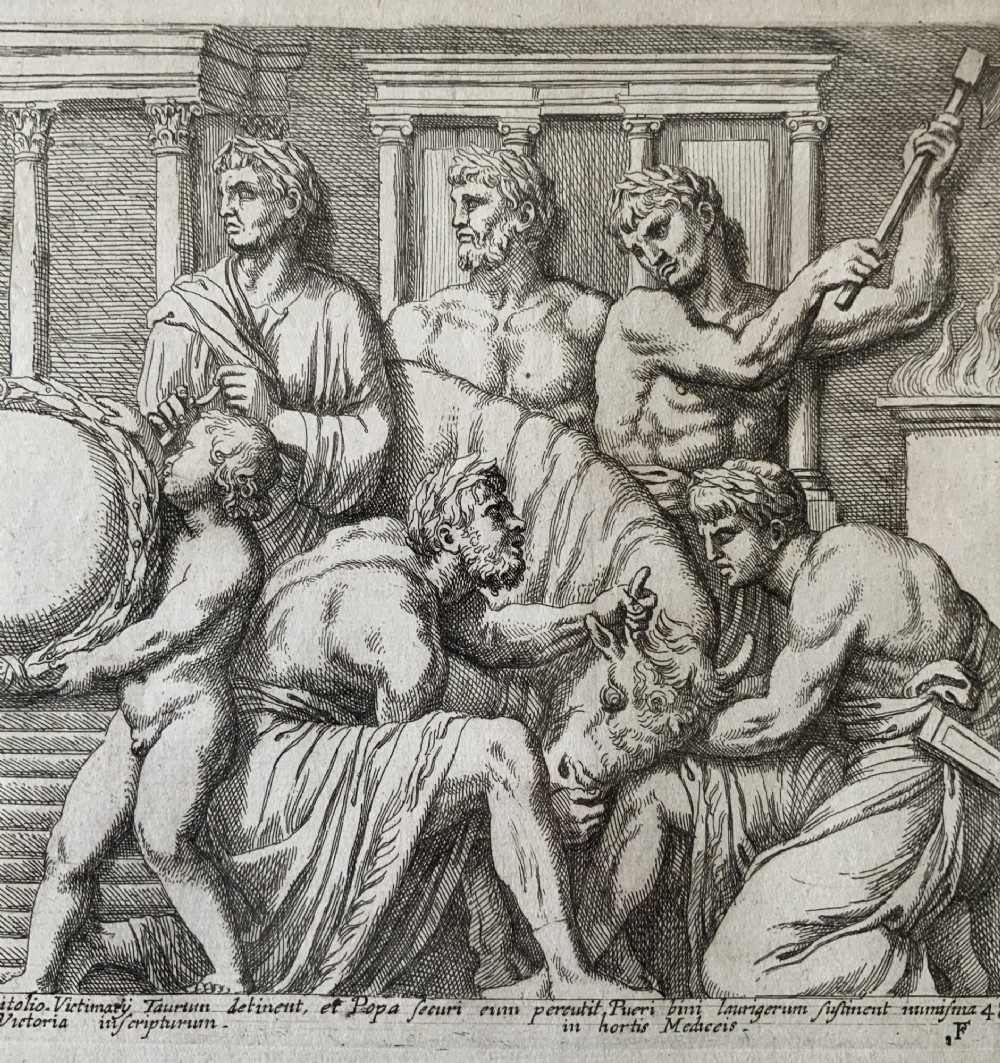 A monochrome 17th-century classical etching depicting men and boys performing a ritual sacrifice of a bull in front of a Roman temple, complete with Latin text at the bottom. View V