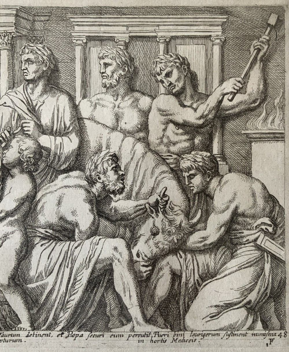 A monochrome 17th-century classical etching depicting men and boys performing a ritual sacrifice of a bull in front of a Roman temple, complete with Latin text at the bottom. View VI