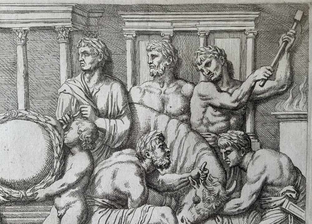 A monochrome 17th-century classical etching depicting men and boys performing a ritual sacrifice of a bull in front of a Roman temple, complete with Latin text at the bottom. View VII