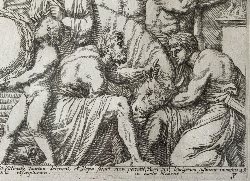 A monochrome 17th-century classical etching depicting men and boys performing a ritual sacrifice of a bull in front of a Roman temple, complete with Latin text at the bottom. View VIII