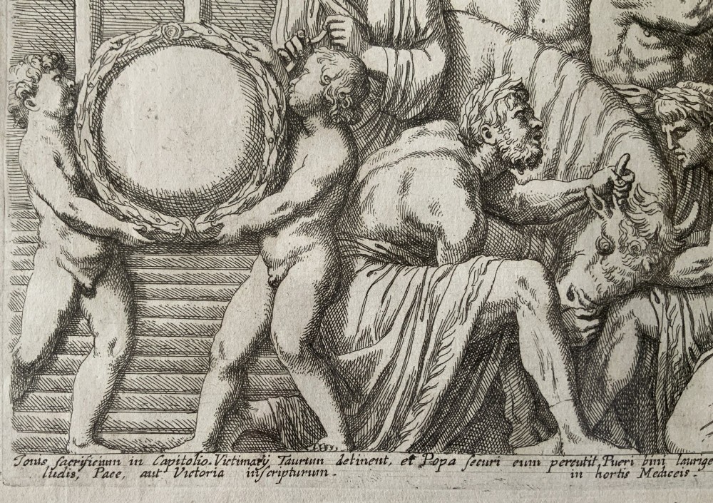 A monochrome 17th-century classical etching depicting men and boys performing a ritual sacrifice of a bull in front of a Roman temple, complete with Latin text at the bottom. View IX