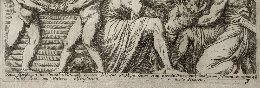 A monochrome 17th-century classical etching depicting men and boys performing a ritual sacrifice of a bull in front of a Roman temple, complete with Latin text at the bottom. View X