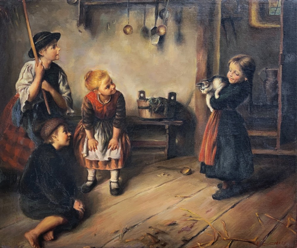 Dutch Children Genre Oil Painting Antique Mid-Century Original