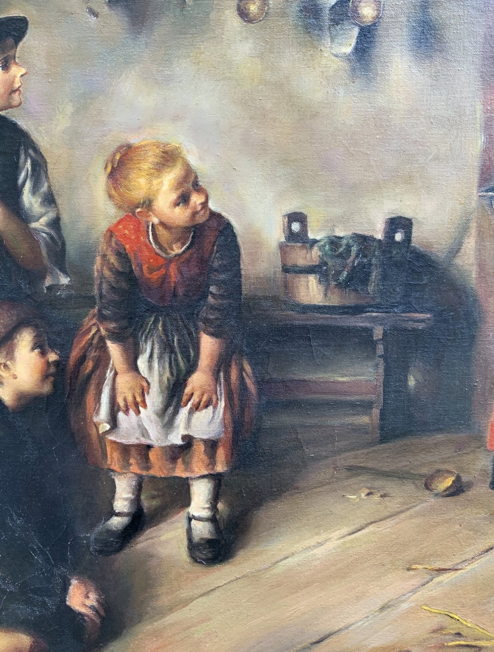 An oil painting depicting four children in traditional attire interacting with a kitten inside a rustic cottage interior. View VII