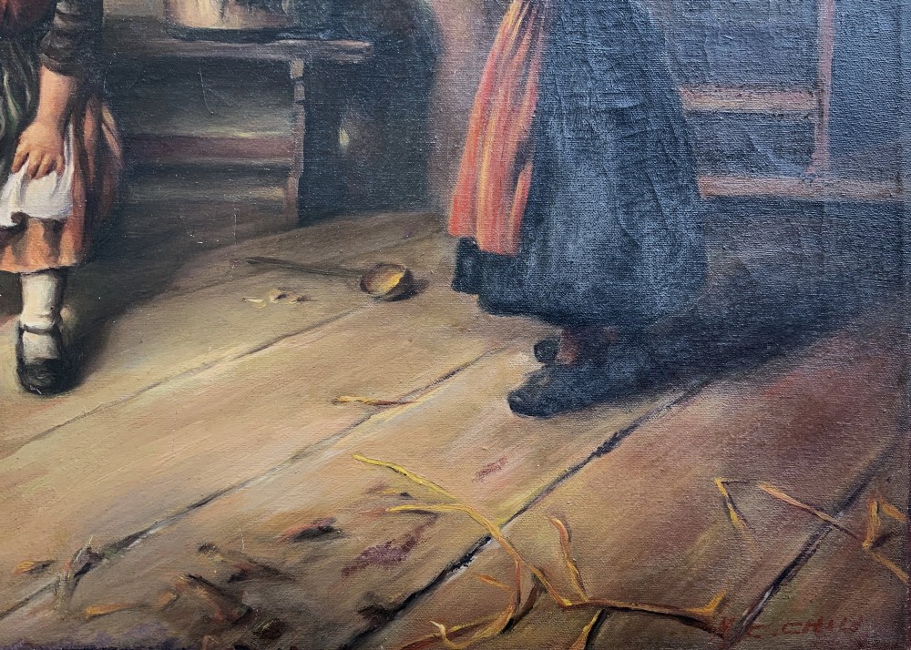 An oil painting depicting four children in traditional attire interacting with a kitten inside a rustic cottage interior. View X