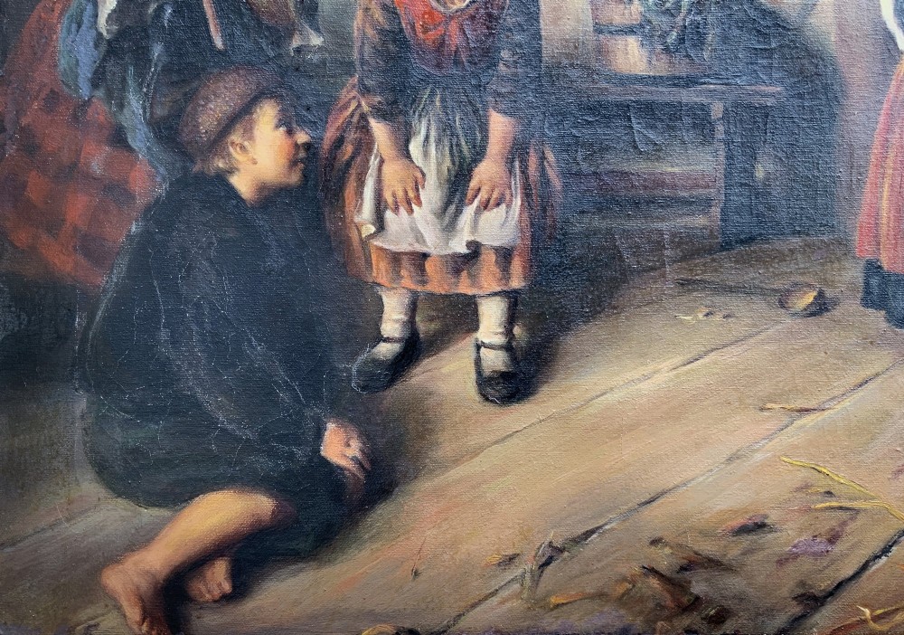 An oil painting depicting four children in traditional attire interacting with a kitten inside a rustic cottage interior. View XI