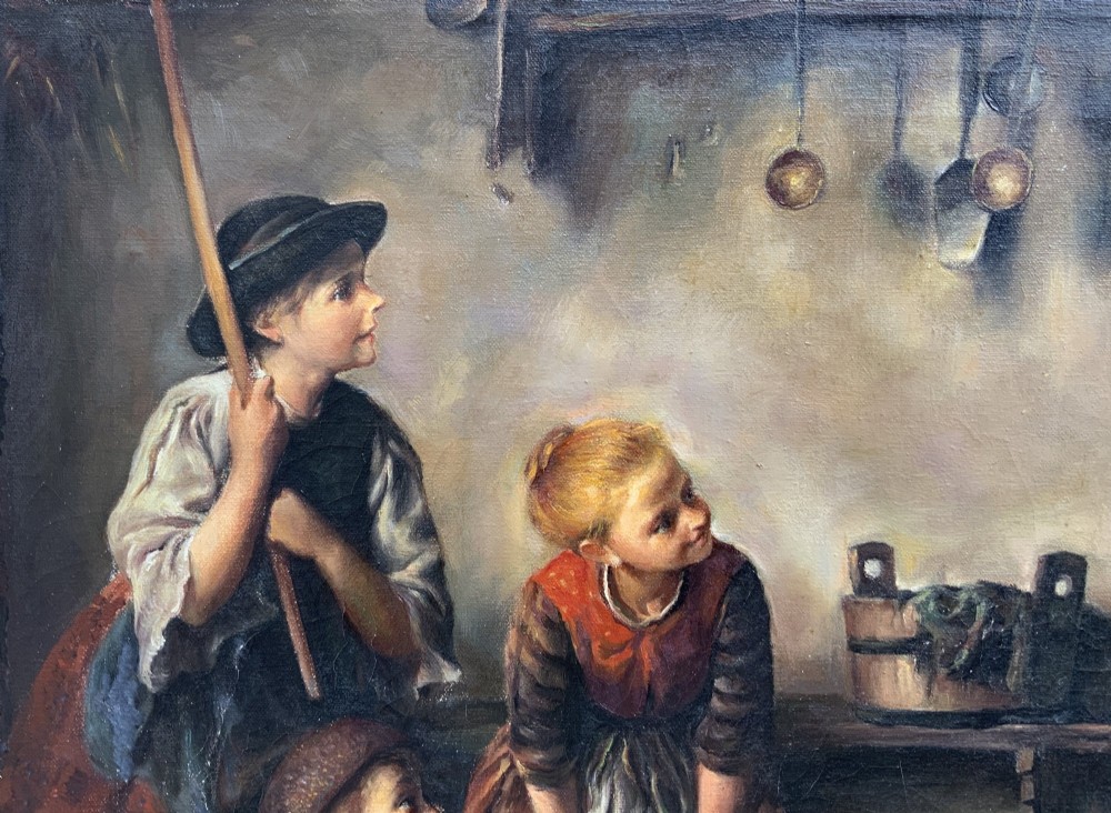 An oil painting depicting four children in traditional attire interacting with a kitten inside a rustic cottage interior. View XII
