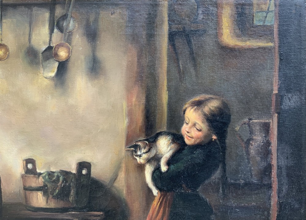 An oil painting depicting four children in traditional attire interacting with a kitten inside a rustic cottage interior. View XIII