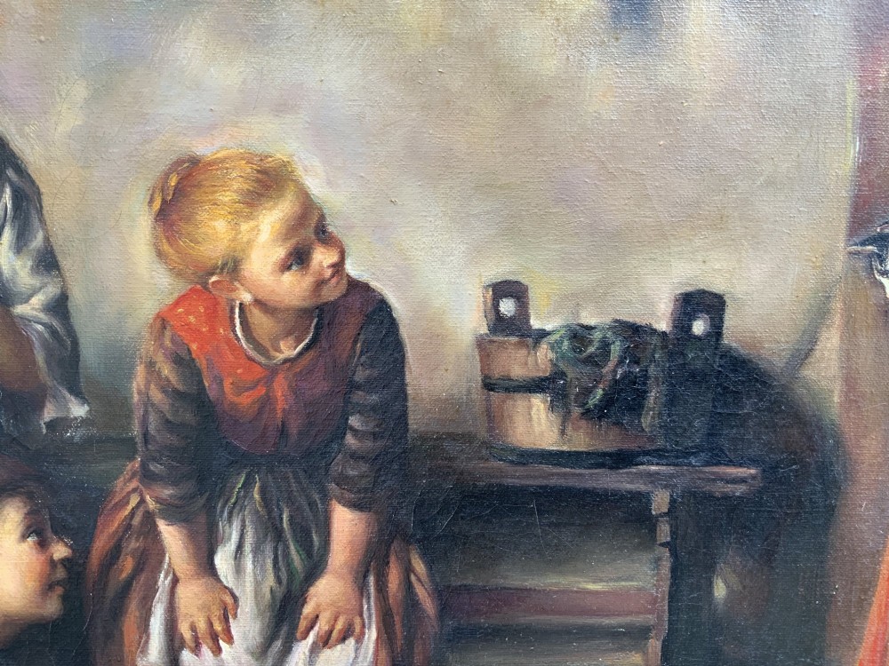 An oil painting depicting four children in traditional attire interacting with a kitten inside a rustic cottage interior. View XIV