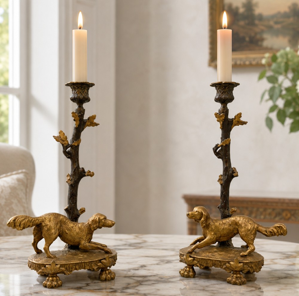 A pair of 19th-century gilded and patinated bronze candlesticks featuring detailed figures of hunting dogs at the base beneath tree-branch shafts. View II