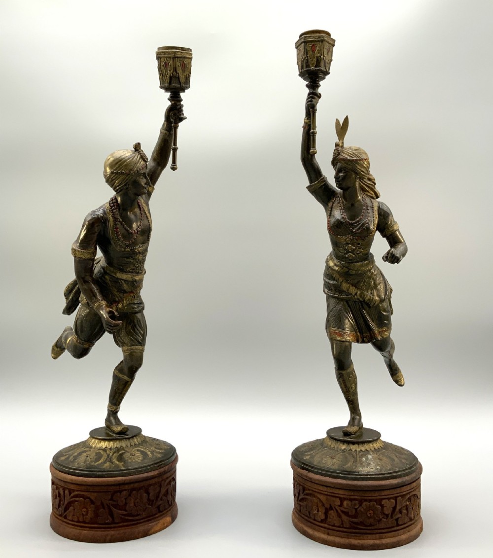 C19th Orientalist Polychrome Spelter Figural Candlesticks on Carved Plinths