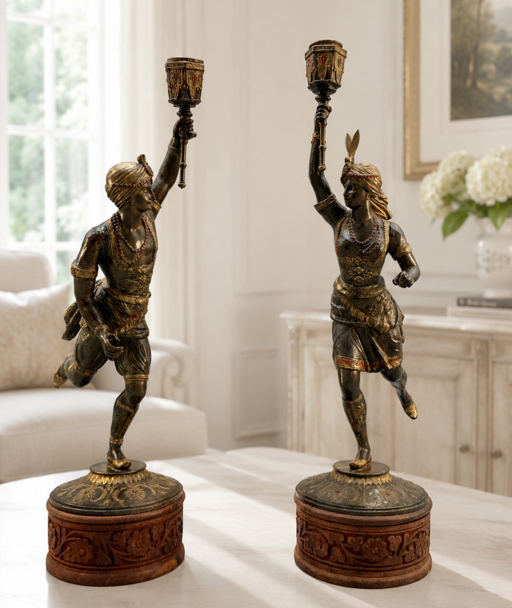 A pair of 19th-century polychrome spelter figural candlesticks depicting male and female torchbearer figures raised on carved wooden bases. View II