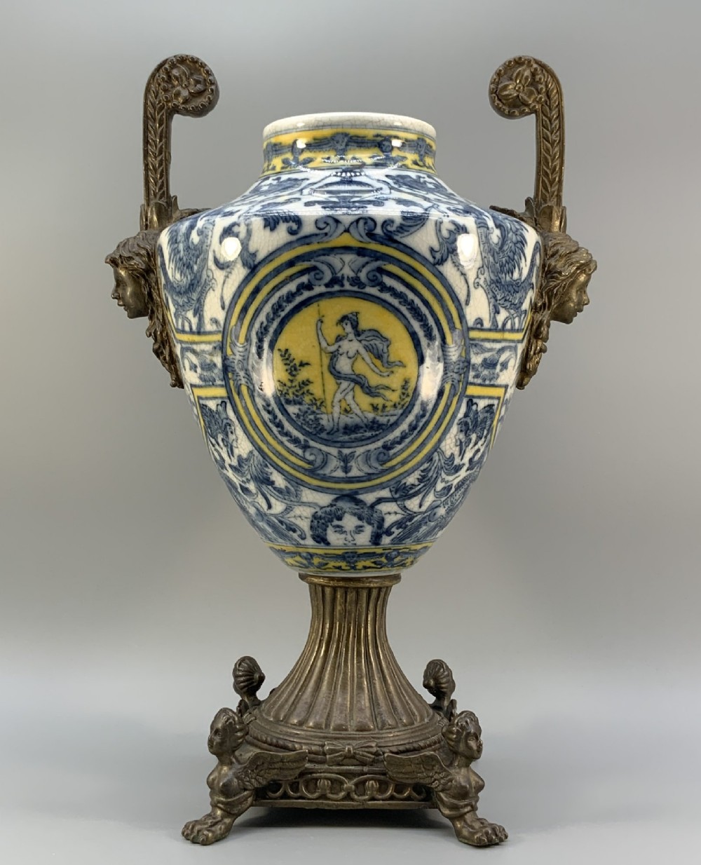 Antique Renaissance Revival Faience Vase with Bronze Mounts c.1900