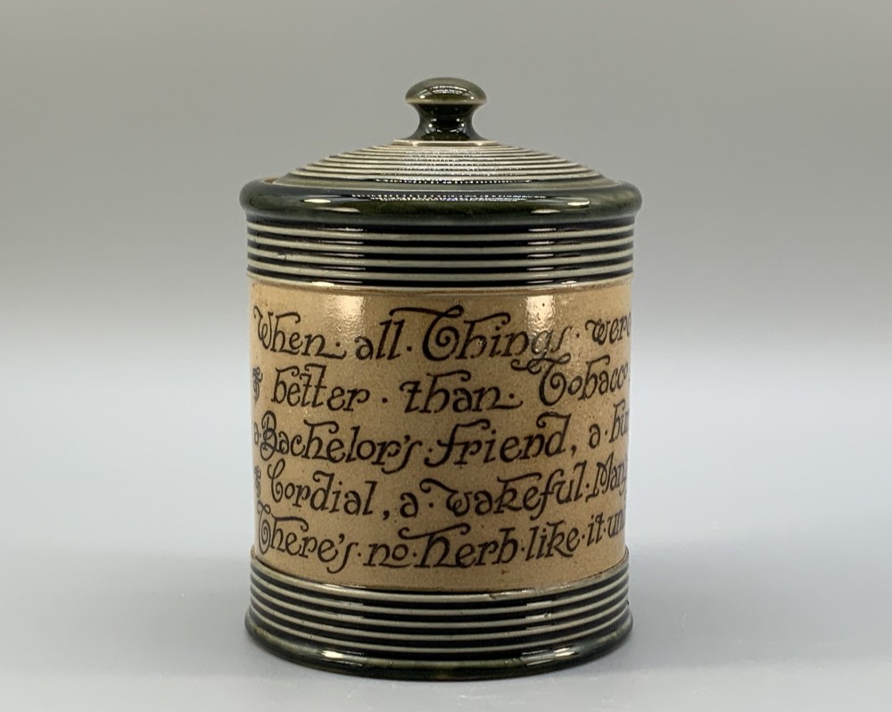 Antique Royal Doulton Stoneware Tobacco Jar & Cover – Motto Inscription