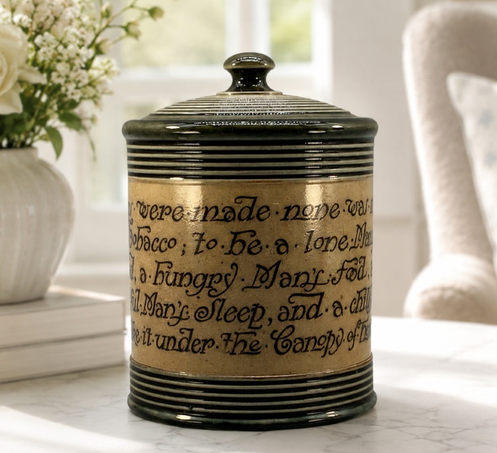 Antique Royal Doulton Stoneware Tobacco Jar & Cover – Motto Inscription View II