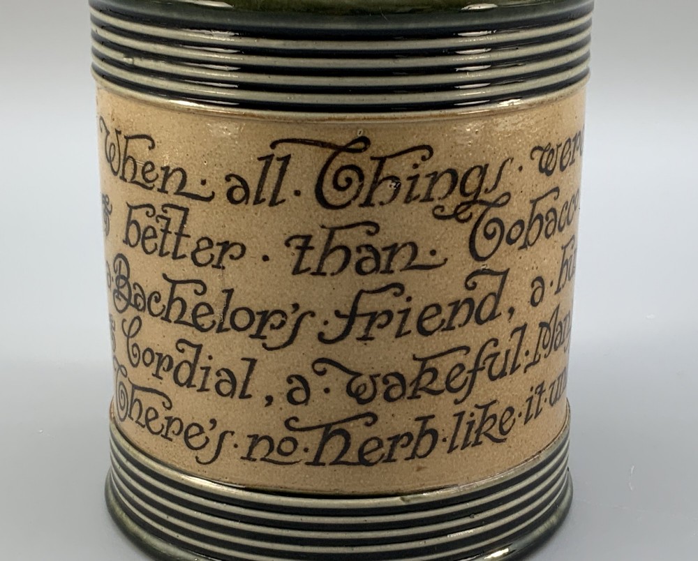 Antique Royal Doulton Stoneware Tobacco Jar & Cover – Motto Inscription View VI