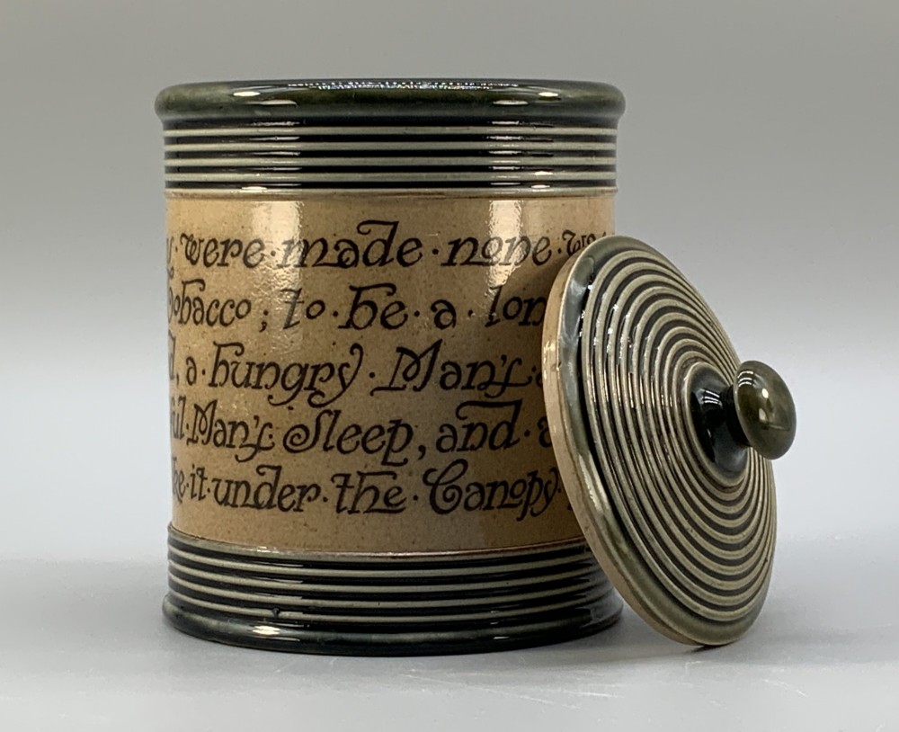 Antique Royal Doulton Stoneware Tobacco Jar & Cover – Motto Inscription View VII