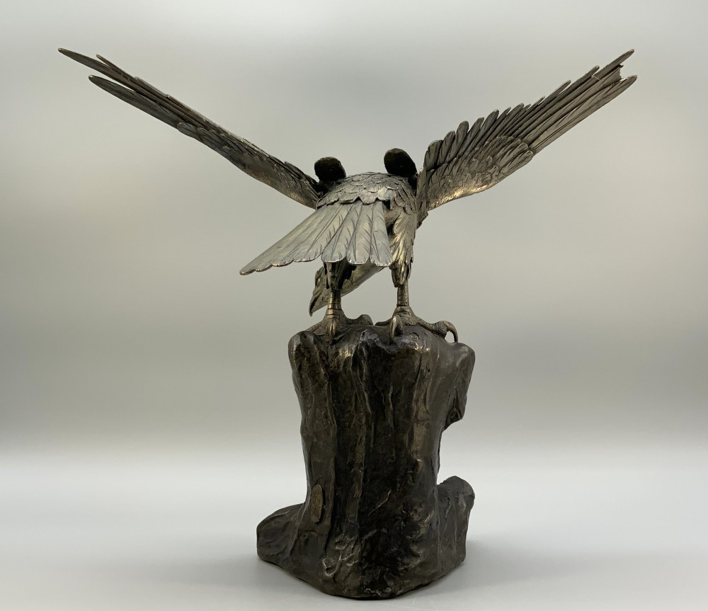 A dark bronze sculpture depicting an eagle with outstretched wings perched on a rocky base. View VI