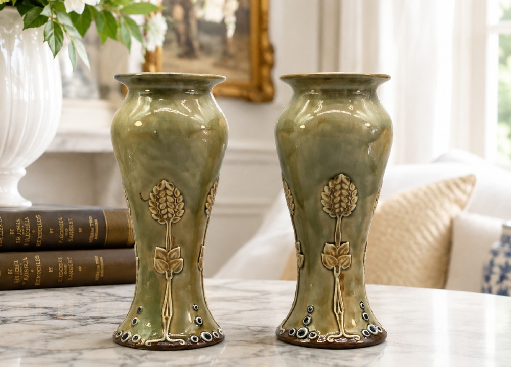 A matched pair of Royal Doulton Lambeth Art Nouveau stoneware vases featuring raised relief botanical motifs on a muted olive green glazed ground. View II