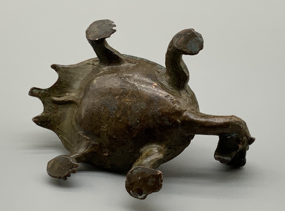 A small Japanese Meiji period bronze sculpture of a minogame turtle with a smaller turtle perched on its shell. View X