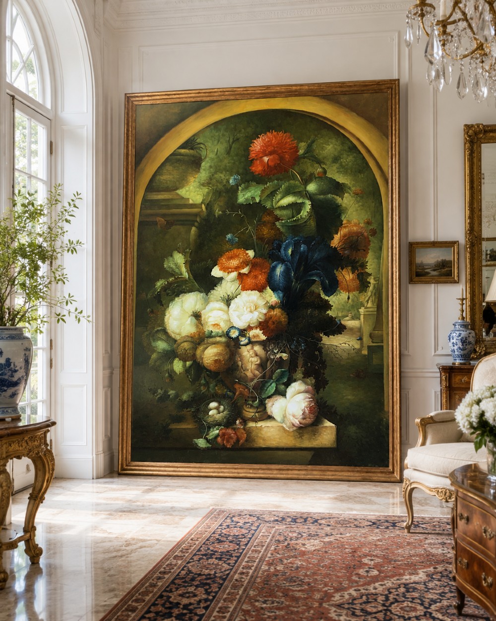 A monumental oil painting depicting a vibrant floral still life arrangement set within a stone arch inside a gilt wood frame. View II