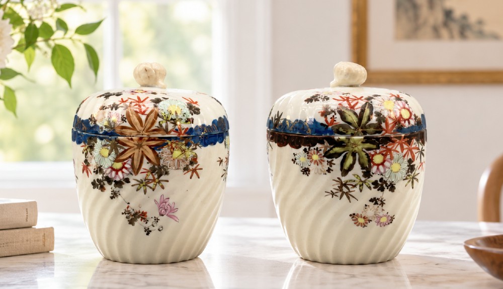 A pair of 19th-century Japanese cream porcelain lidded jars featuring spiralled fluted bodies and hand-painted polychrome floral decoration with sculpted finials. View II