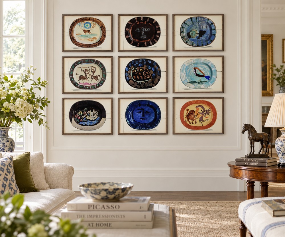 A grid of nine framed mid-century prints depicting colourful ceramic plates designed by Pablo Picasso. View II