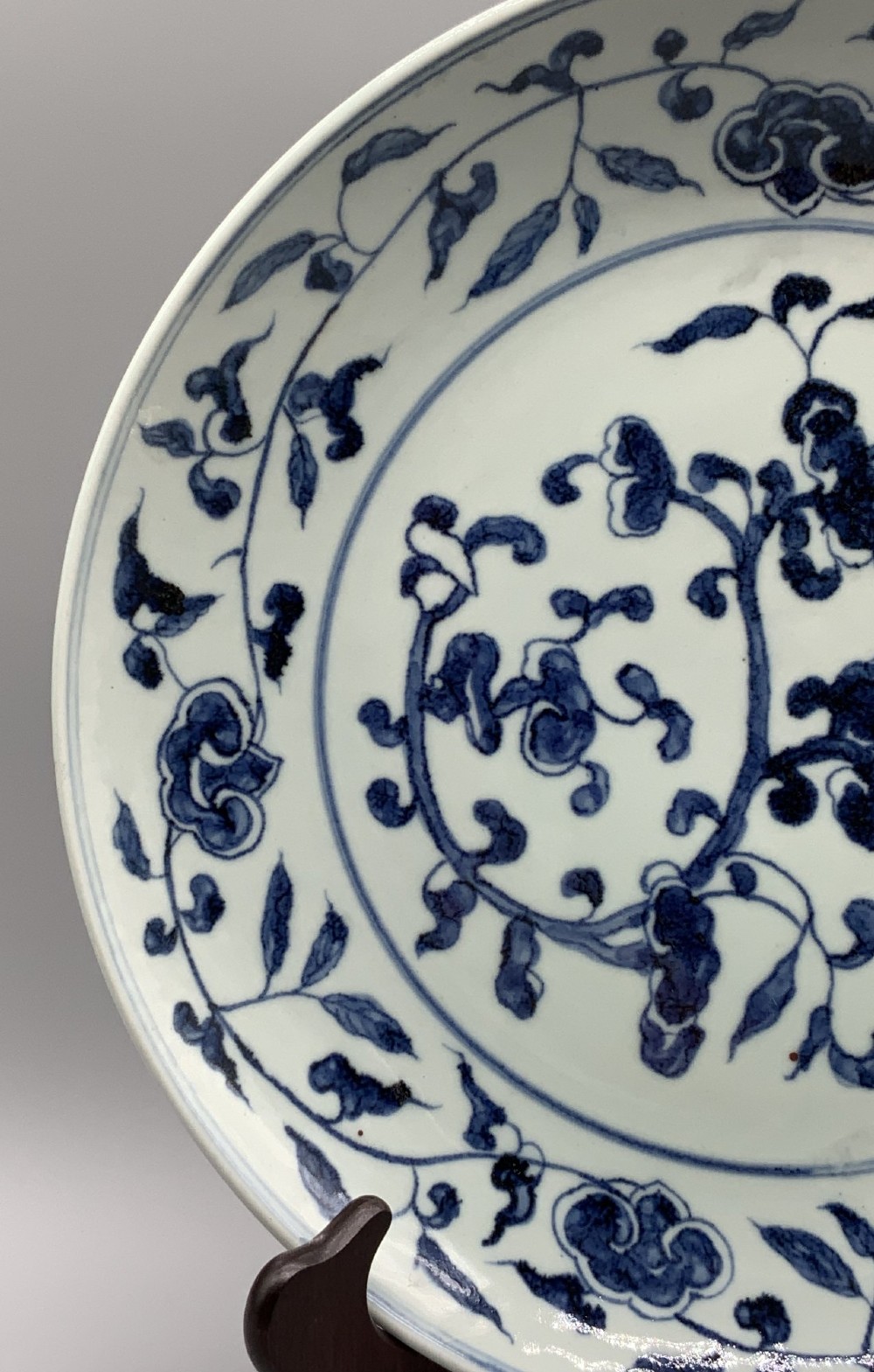A circular Chinese blue and white porcelain charger decorated with hand-painted scrolling foliage and floral motifs, resting on a dark wooden stand. View IX