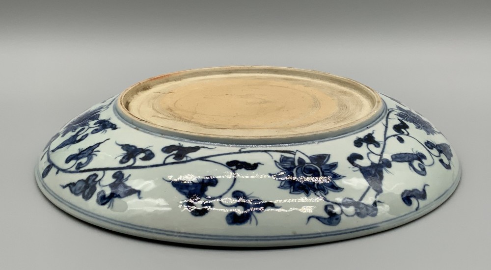 A circular Chinese blue and white porcelain charger decorated with hand-painted scrolling foliage and floral motifs, resting on a dark wooden stand. View XV
