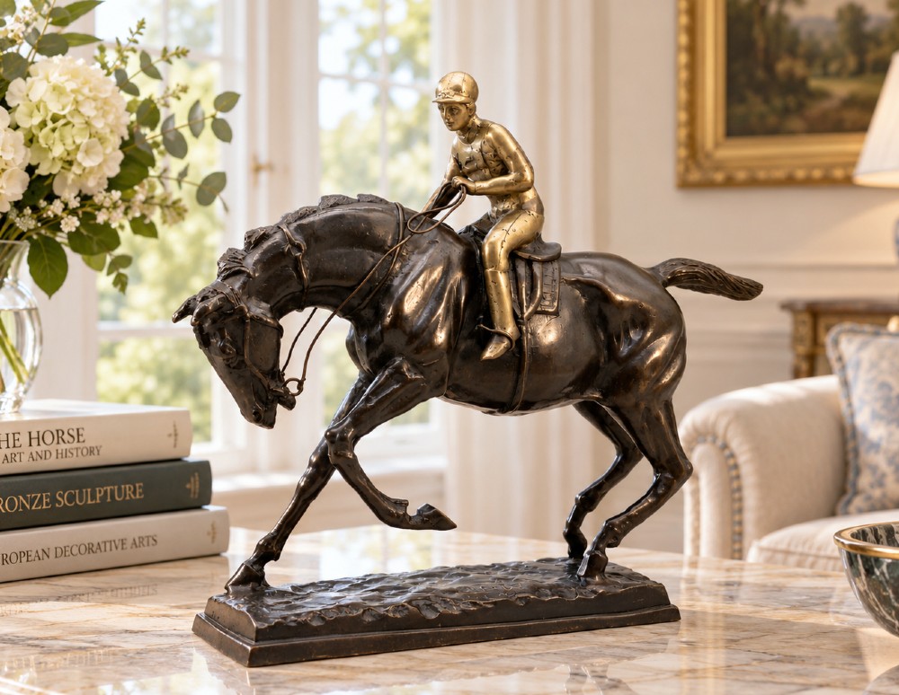 A patinated bronze sculpture depicting a racehorse and jockey mid-stride set upon a textured rectangular bronze base. View II