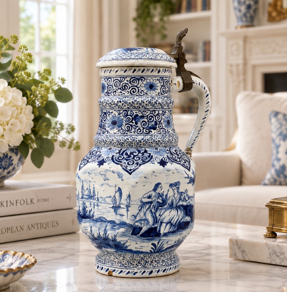An eighteenth-century blue and white Dutch Delftware ceramic jug decorated with hand-painted figures, complete with a fitted pewter lid. View II