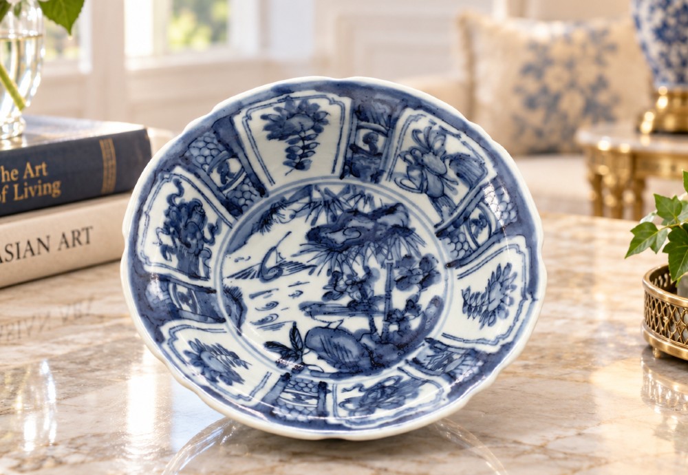 A circular porcelain bowl with a lobed edge, decorated in cobalt blue underglaze featuring a central landscape surrounded by panelled floral reserves. View II