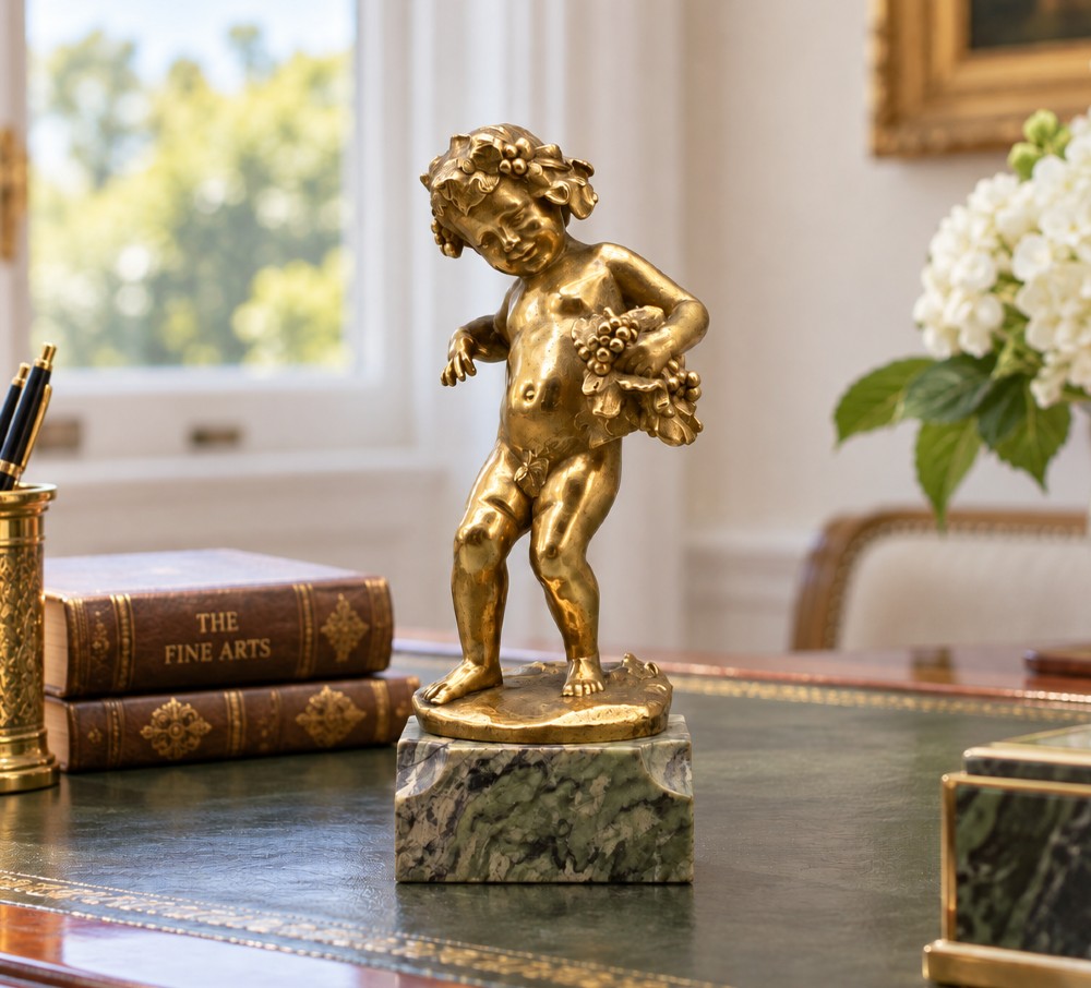 A small gilt bronze sculpture depicting an infant Bacchus holding a bunch of grapes, set upon a square green marble plinth. View II